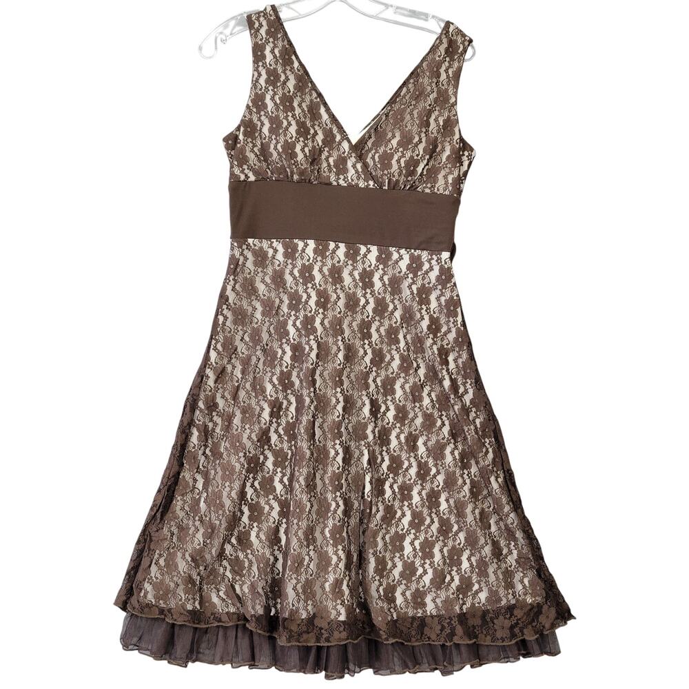 Studio Y Brown Dress Midi Stretch Floral Lace Ruffle Sleeveless Tie Women Size M